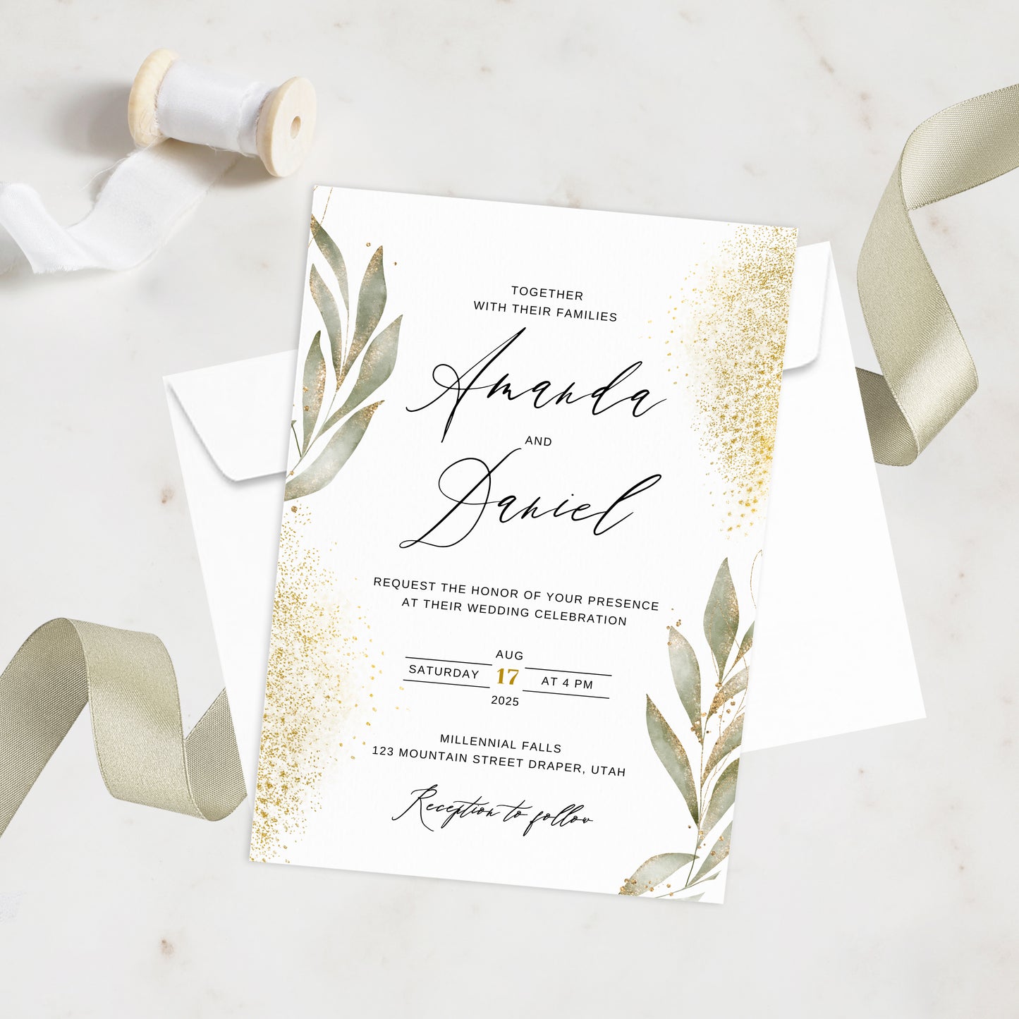 Soft Gold & Green Floral Wedding Invitation