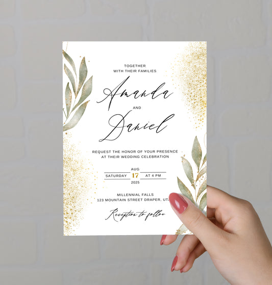 Soft Gold & Green Floral Wedding Invitation