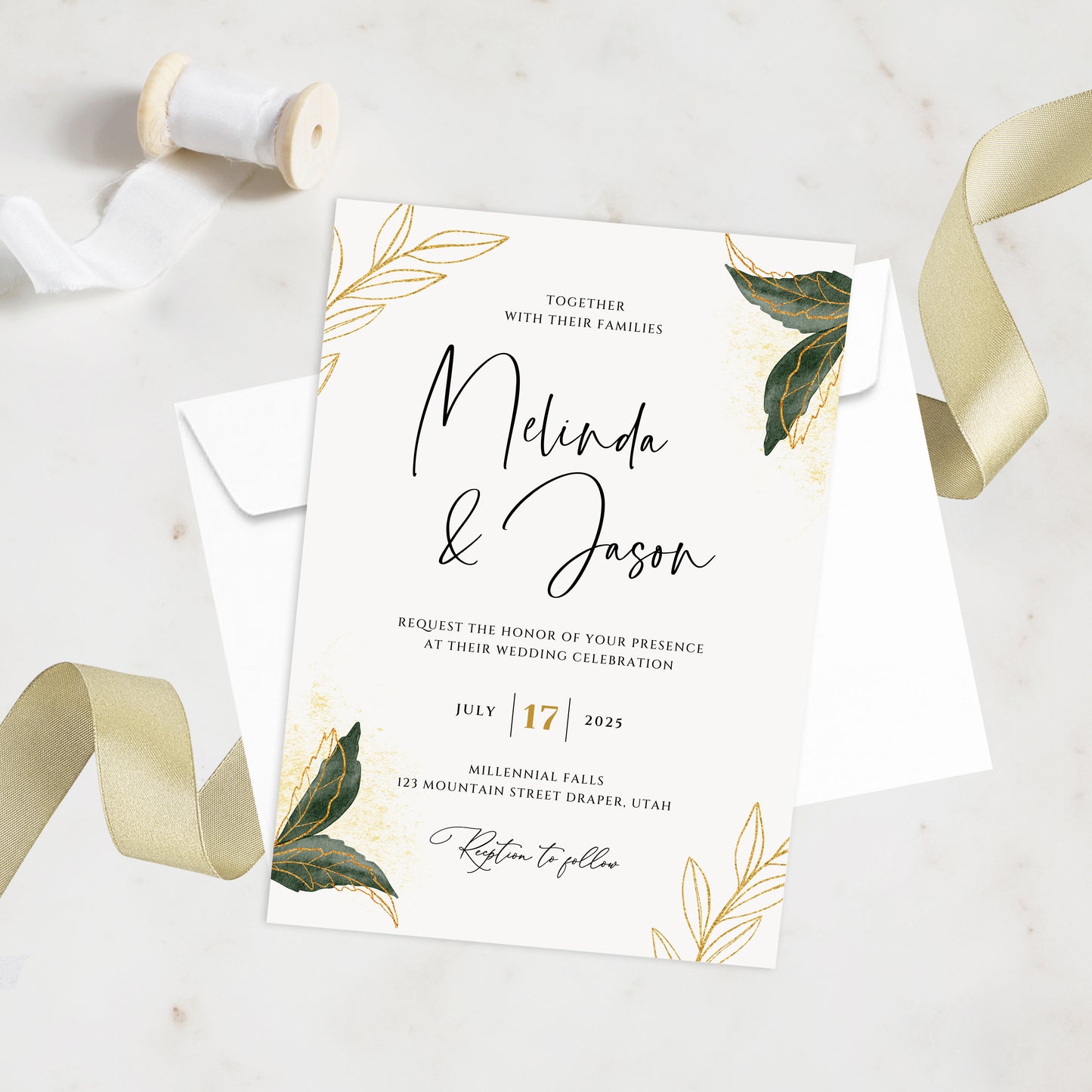 Gold & Emerald Green Leaf Wedding Invitation