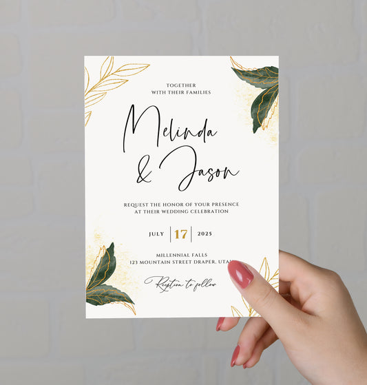 Gold & Emerald Green Leaf Wedding Invitation