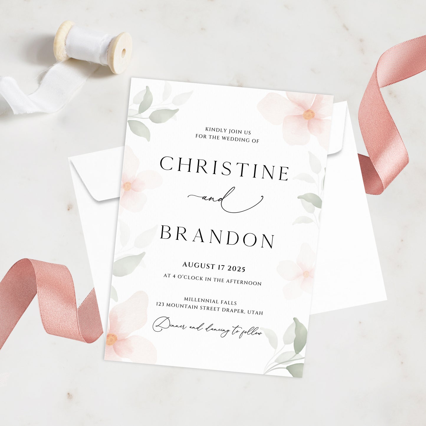 Soft Pink & Green Floral Wedding Invite