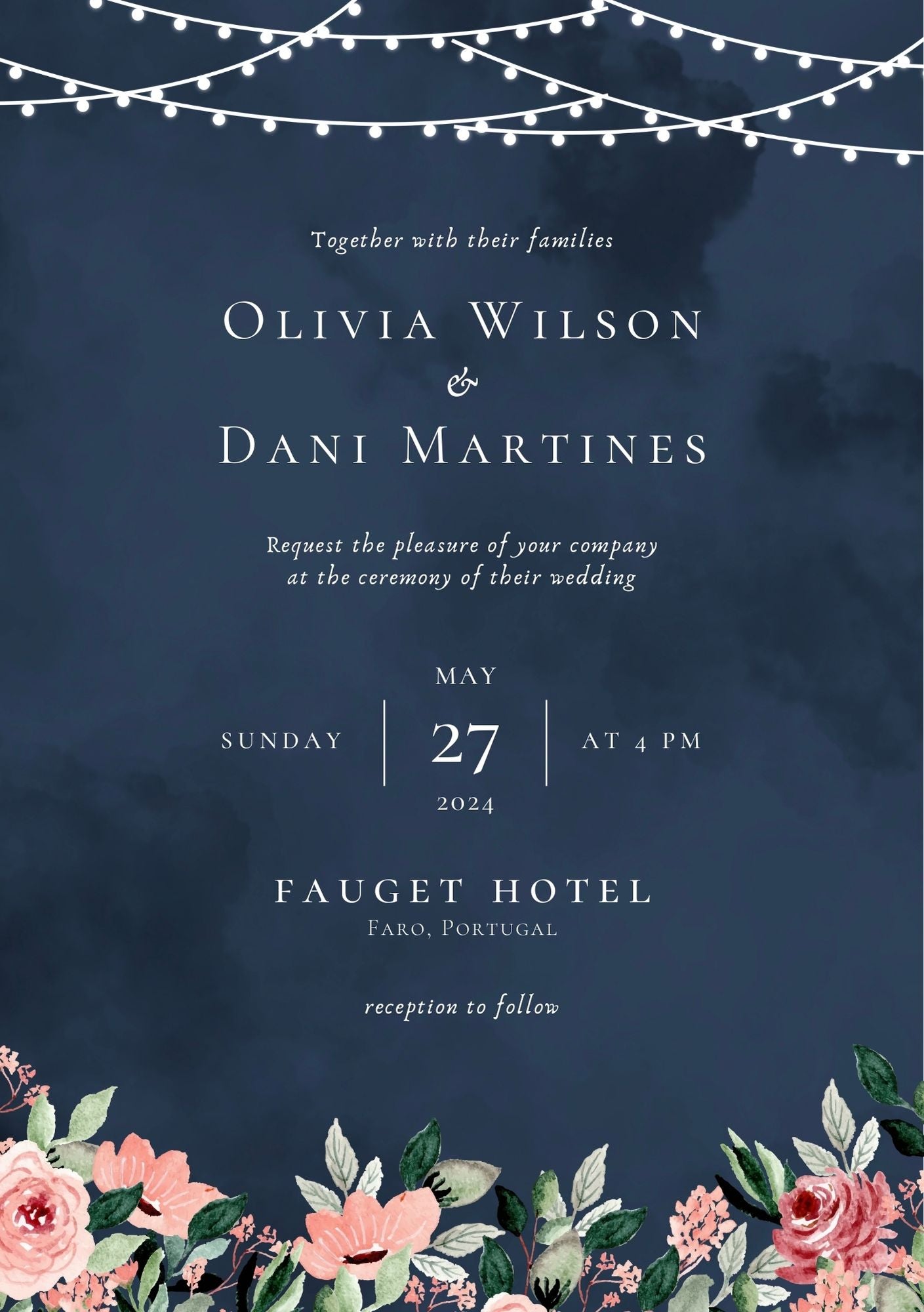 Navy Floral Light Wedding Invitation